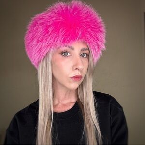 Pologeorgis Genuine Neon Dyed Fox Fur Velcro Scarf Headband Collar in Pink